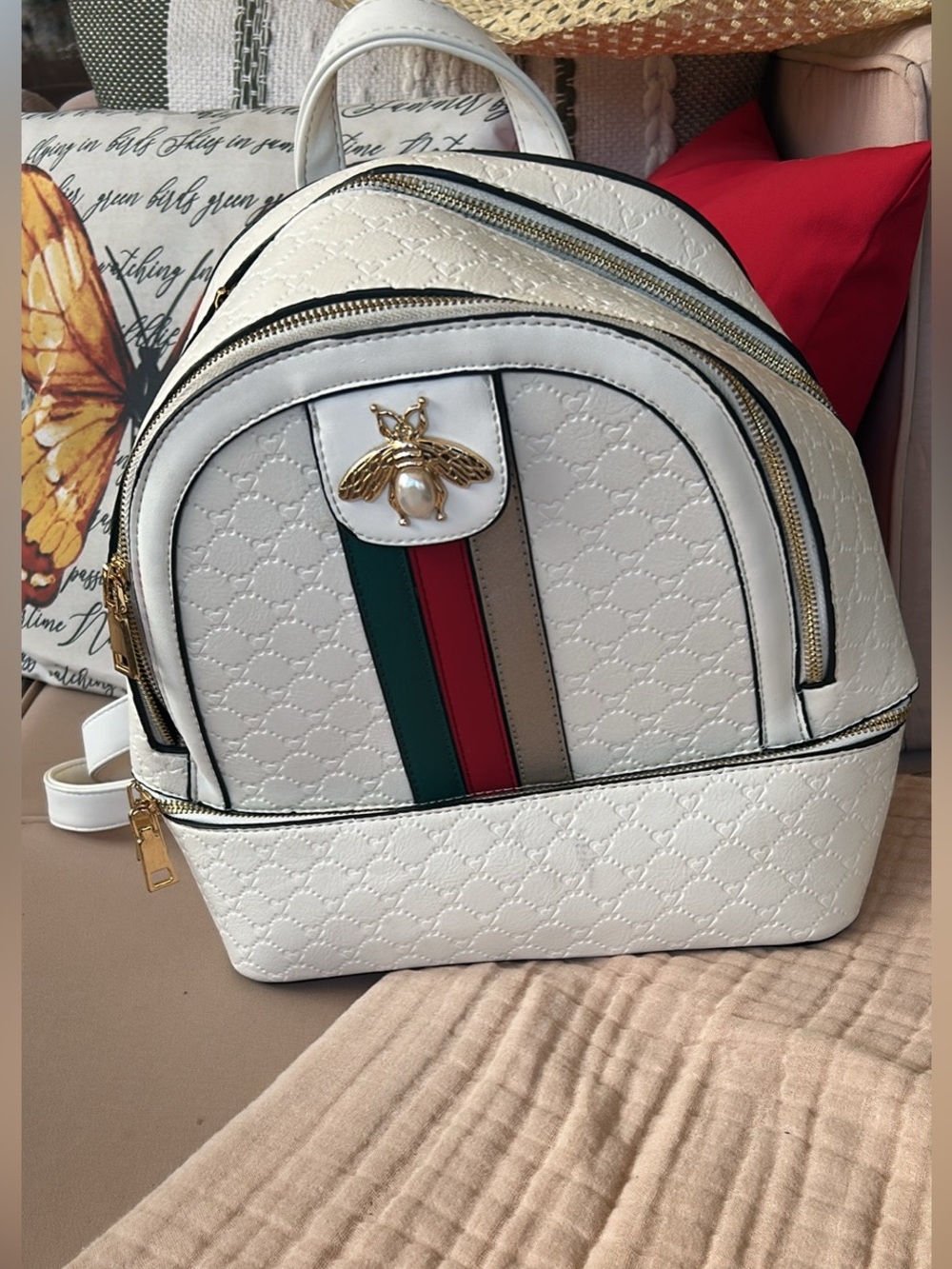 & Other Stories White Quilted Backpack with Green-Red-Tan Stripe
